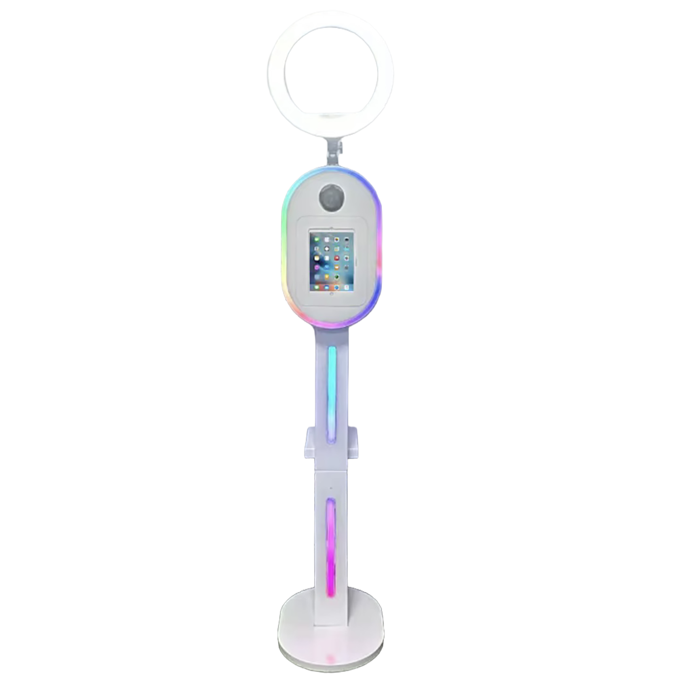 Professionelle Fotobox mit Spiegelreflex-Kamera, integriertem Ringlicht und Touchscreen-Steuerung.